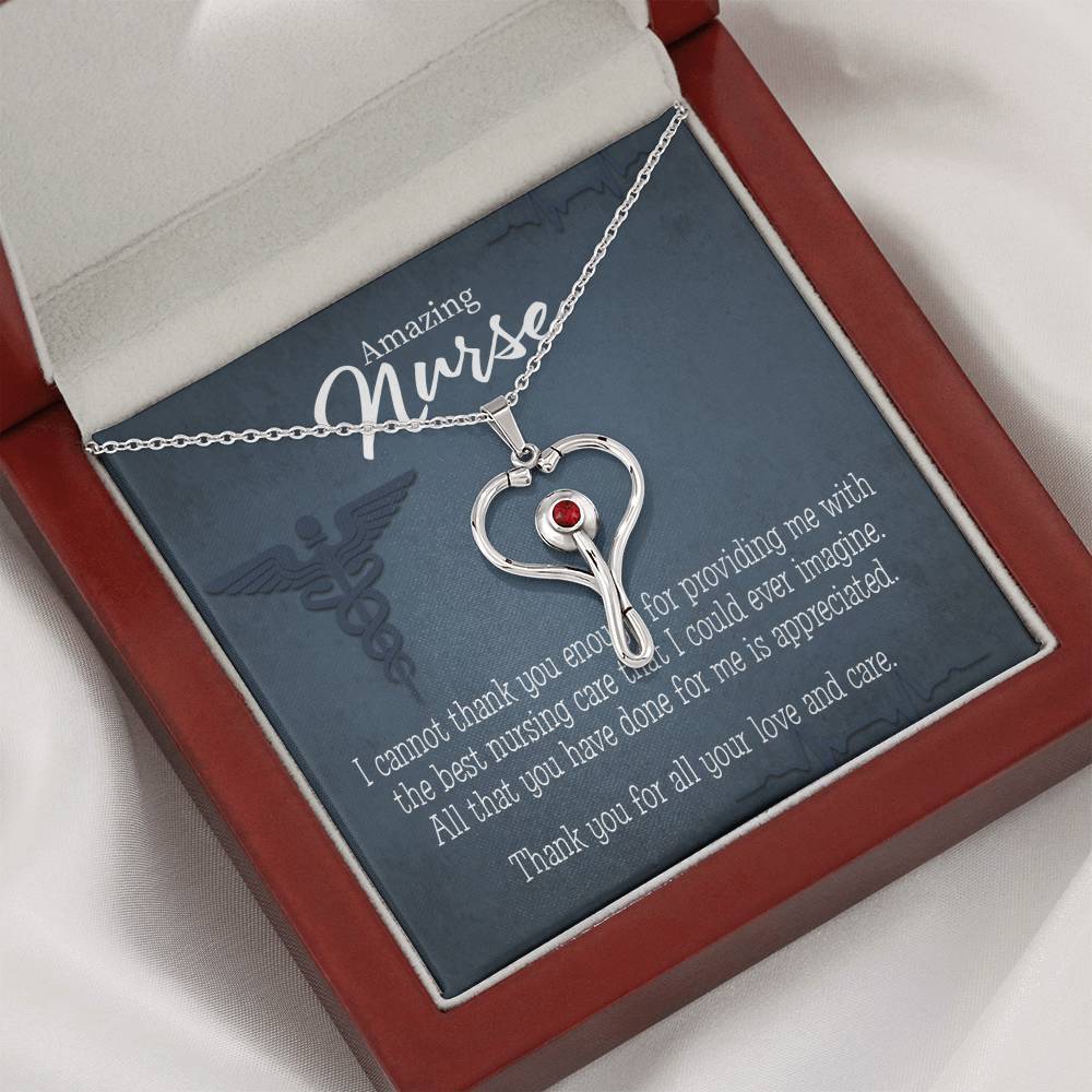 Best Nursing Care Heart Scope Necklace Red Swarovski Crystal Standard Box